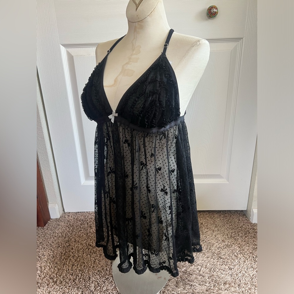 Betsy Johnson Bow Mesh Sheer Black Lace Babydoll Chemise Teddy Strappy Back